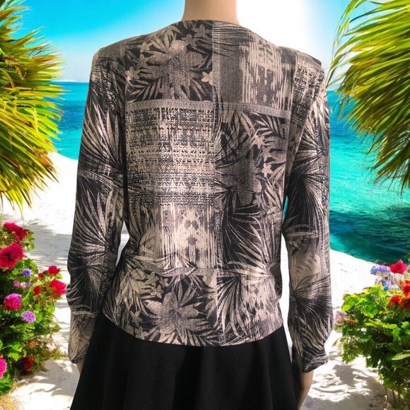 OLGA SANTONI Abstract Floral Print Open Front Cardigan Made in SPAIN Sz L - Picture 2 of 6